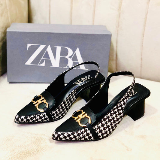 Zebra check block heel